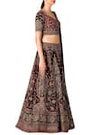 RI.Ritu Kumar_Maroon Silk Velvet Sweetheart Neck Embroidered Bridal Lehenga Set _Online_at_Aza_Fashions