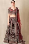 Buy_RI.Ritu Kumar_Maroon Silk Velvet Sweetheart Neck Embroidered Bridal Lehenga Set _Online_at_Aza_Fashions