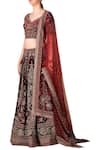 Shop_RI.Ritu Kumar_Maroon Silk Velvet Sweetheart Neck Embroidered Bridal Lehenga Set _Online_at_Aza_Fashions