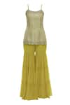 Buy_Neha Khullar_Yellow Chiffon Square Neck Chanderi Silk Kurta Sharara Set _Online_at_Aza_Fashions