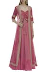 Buy_Pleats by Kaksha and Dimple_Pink Velvet Sweetheart Neck Embroidered Jacket Lehenga Set_at_Aza_Fashions