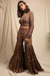 Drishti & Zahabia_Brown Silk Embroidered Crop Top Sharara Set_Online_at_Aza_Fashions