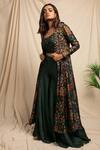 Shop_Drishti & Zahabia_Green Silk Printed Crop Top Jacket Set_at_Aza_Fashions