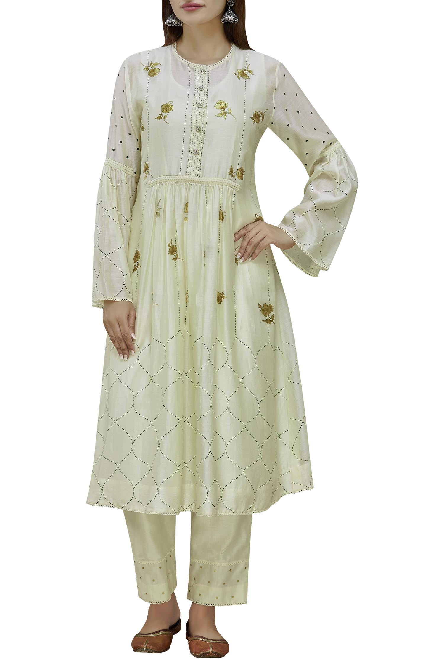 Buy_Neeta Bhargava_White Cotton Silk Inner Round Neckline, Kurta Hand Painted And Pant Set _at_Aza_Fashions