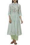 Buy_Neeta Bhargava_Green Cotton Silk Kurta Mandarin Collarinner Round Neckline Hand Painted Set _at_Aza_Fashions