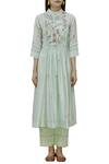 Neeta Bhargava_Green Cotton Silk Kurta Mandarin Collarinner Round Neckline Hand Painted Set _Online_at_Aza_Fashions
