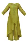 Neeta Bhargava_Green Tissue, Cotton Silk Inner Round Neckline, Kurta Asymmetric Set _Online_at_Aza_Fashions