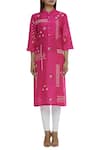 Sahil Kochhar_Pink Dupion Band Collar Embroidered Kurta  _Online_at_Aza_Fashions