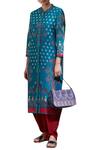 Buy_Ritu Kumar_Blue Silk Chanderi Band Collar Printed Kurta_at_Aza_Fashions