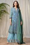 Buy_RI.Ritu Kumar_Blue Silk Chinon Notch Neck Hand Embroidered Kurta Set _Online_at_Aza_Fashions