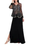 Buy_Natasha J_Black Organza V Neck Block Print Jacket With Flared Pants  _at_Aza_Fashions