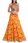 Natasha J_Yellow Chanderi Halter Neckline Block Print Lehenga Set _Online_at_Aza_Fashions