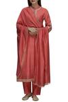Buy_Surendri_Red Chanderi Band Collar Kurta Set_at_Aza_Fashions