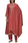 Surendri_Red Chanderi Band Collar Kurta Set_Online_at_Aza_Fashions