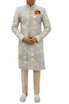 Buy_Gaurav Katta_Blue Suede Printed Sherwani _at_Aza_Fashions