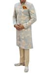 Shop_Gaurav Katta_Blue Suede Printed Sherwani _at_Aza_Fashions