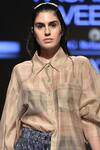 Urvashi Kaur_Beige Collared Checkered Asymmetric Bell Sleeve Shirt _Online_at_Aza_Fashions