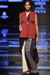 Buy_Urvashi Kaur_Red V-neck Herringbone Weave Sleeveless Jacket _at_Aza_Fashions