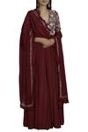 Buy_Neha Khullar_Maroon Anarkali Chiffondupatta Net Organza V Neck Chanderi With Dupatta _at_Aza_Fashions