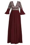 Shop_Neha Khullar_Maroon Anarkali Chiffondupatta Net Organza V Neck Chanderi With Dupatta _Online_at_Aza_Fashions