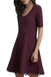 Buy_Label Ritu Kumar_Wine Viscose Round Neck Flared Dress  _Online_at_Aza_Fashions