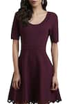 Shop_Label Ritu Kumar_Wine Viscose Round Neck Flared Dress  _Online_at_Aza_Fashions