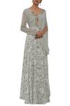 Buy_Ekru_Grey Georgette V Neck Floral Print Gown _at_Aza_Fashions