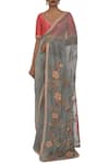 Buy_Ekru_Grey Organza V Neck Embroidered Saree Set _at_Aza_Fashions