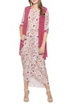 Buy_Soup by Sougat Paul_Pink Crepe Printed Floral Round Neck Dress With Asymmetrical Jacket _at_Aza_Fashions