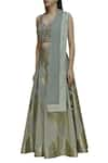 Vandana Sethi_Grey Dupion Silk V Neck Embellished Lehenga Set _Online_at_Aza_Fashions