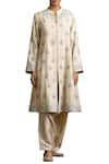 Sue Mue_Beige Handloom Notched Embroidered Kurta Set _Online_at_Aza_Fashions