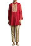 Sue Mue_Red Handloom Cotton Band Embroidered Tunic _Online_at_Aza_Fashions