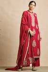 Buy_Sue Mue_Red Maheswari Handloom Cotton Band Collar Kurta Set _Online_at_Aza_Fashions