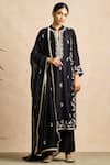 Buy_Sue Mue_Black Maheswari Handloom Cotton Band Collar Kurta Set _Online_at_Aza_Fashions