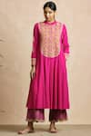 Buy_Sue Mue_Pink Handloom Cotton Mandarin Collar Anarkali With Dupatta _Online_at_Aza_Fashions