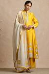 Sue Mue_Yellow Handloom Cotton, Tussar Georgette Mandarin Collar Anarkali Set _Online_at_Aza_Fashions