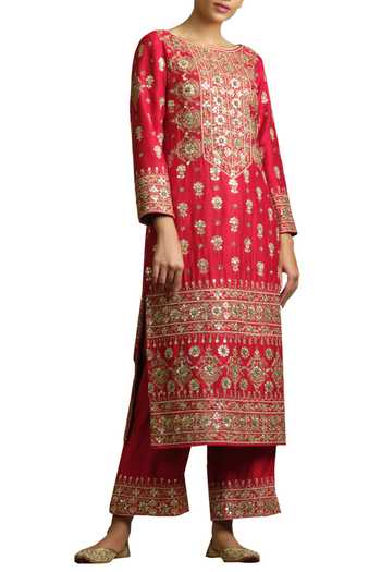 Buy Red Tussar Georgette Round Embroidered Kurta Set For Women by Sue ...