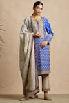 Buy_Sue Mue_Blue Tussar Georgette Notched Embroidered Kurta And Pant Set _at_Aza_Fashions