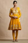 Sue Mue_Yellow Handloom Maheshwari Cotton, Lycra Crepe V Neck Anarkali Set _Online_at_Aza_Fashions