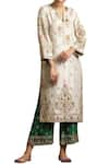 Sue Mue_Beige Silk Notched Embroidered Kurta Set _Online_at_Aza_Fashions