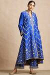 Buy Sue Mue Blue Raw Silk Notched Embroidered Anarkali Set at Aza Fashions Buy_Sue Mue_Blue Raw Silk Notched Embroidered Anarkali Set_at_Aza_Fashions