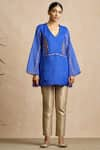 Sue Mue_Blue Kora V Neck Embroidered Tunic _Online_at_Aza_Fashions