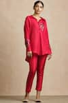 Sue Mue_Red Silk Shirt Collar Embroidered _Online_at_Aza_Fashions