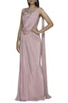 Buy_Pooja Peshoria_Pink Satin Round Pre-draped Saree Gown _at_Aza_Fashions