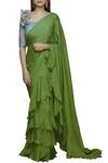 Buy_Nazaakat by Samara Singh_Blue Blouse Organzasaree Crepe Asymmetric Pre-draped Ruffle Saree_at_Aza_Fashions