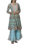 Buy_Sonali Gupta_Blue Organza Tie-up Neck Embroidered Kurta Gharara Set  _at_Aza_Fashions