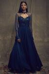 Buy_Shloka Khialani_Blue Net, Crepe, Georgette Stand Collar Embellished Anarkali Gown With Dupatta_at_Aza_Fashions