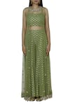 Buy_Silky Bindra_Green Net, Georgette, Shantoon Jacket Roundcrop Top Embroidered Palazzo Set _Online_at_Aza_Fashions