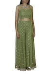 Silky Bindra_Green Net, Georgette, Shantoon Jacket Roundcrop Top Embroidered Palazzo Set _Online_at_Aza_Fashions