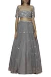 Silky Bindra_Grey Net Wide Square Shaped Neckline Embroidered Lehenga Set _Online_at_Aza_Fashions